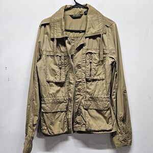 Eddie Bauer Safari Khaki Utility Cargo Jacket Pockets Medium Cinch Waist Boho